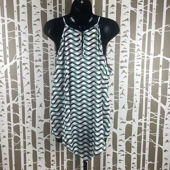 NEW Satin Geometric Print Handkerchief Hem High Neck Tank Top L - Picture 4 of 8